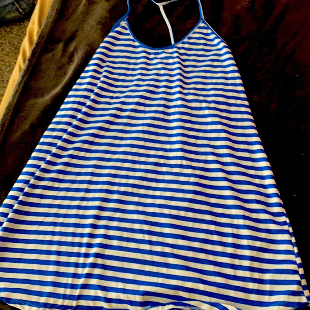 blue and white striped swimsuit cover up, that can also go well as a dress